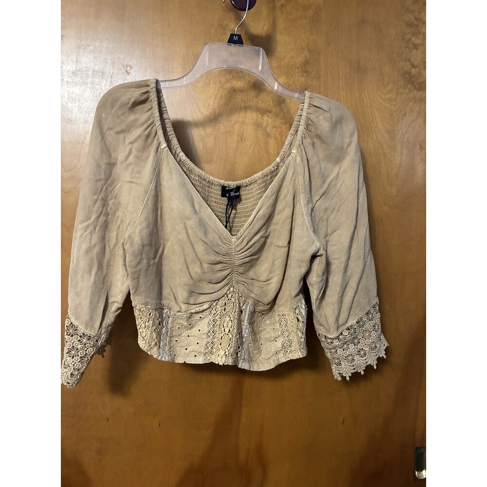 Young Threads Smocked Crop Lace Top Tan Large Festival Country Western Cottage